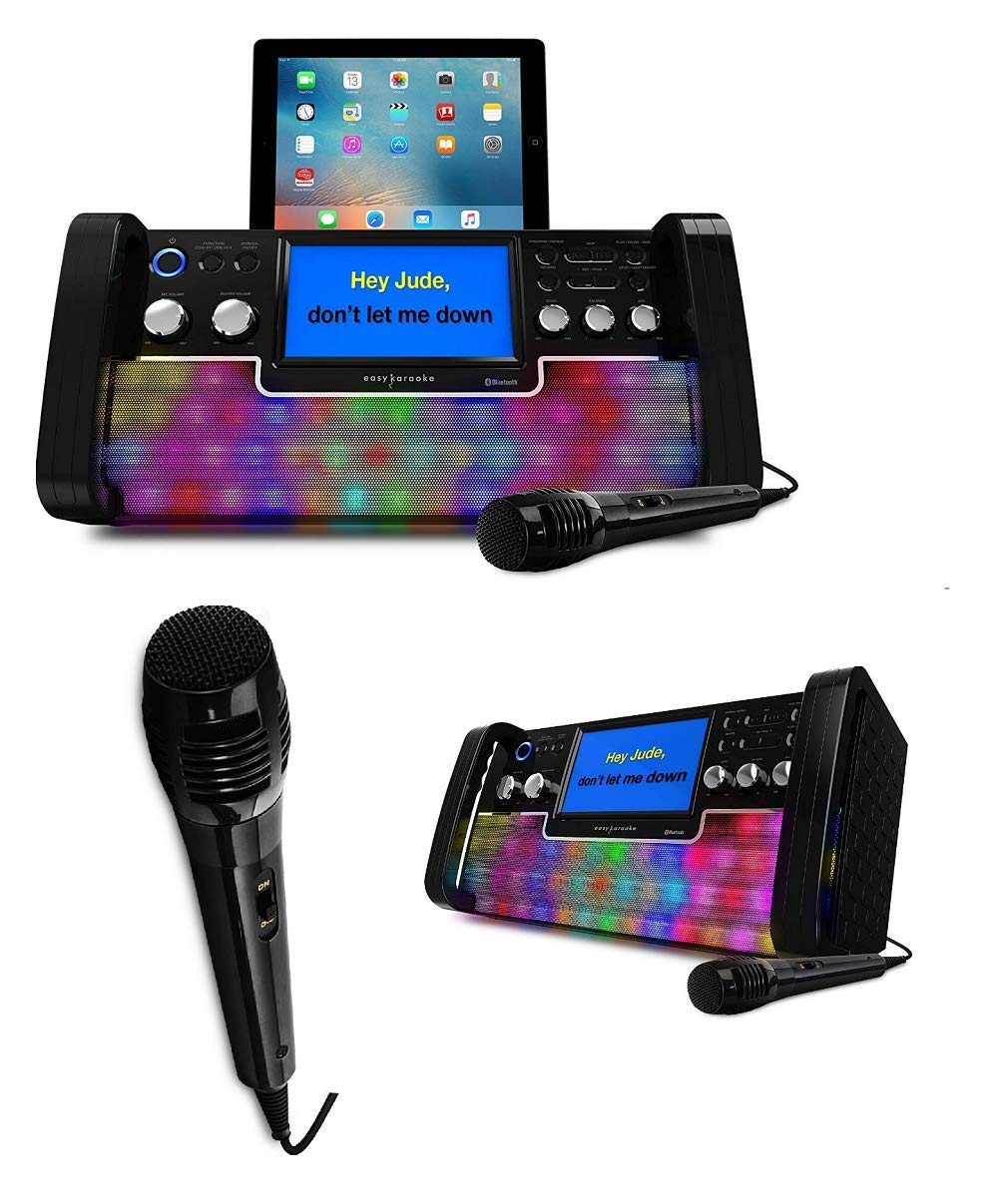 Easy Karaoke EKS780-BT features diagram showing On Screen Lyrics, Disco Light Effects, USB Port, and included Karaoke Disc & Microphone.