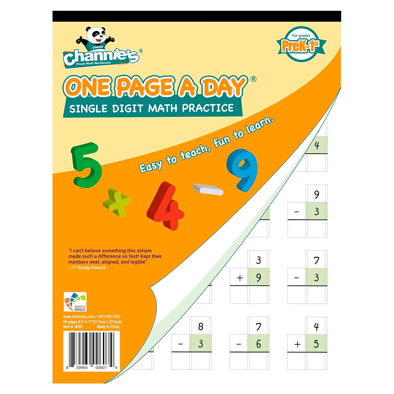 Channie's One Page A Day Single Digit Math Problem Workbook for Prek-1st 50 Pages | Simply Tear Off One Page a Day for Math Repetition | Summer School, Summer Bridge