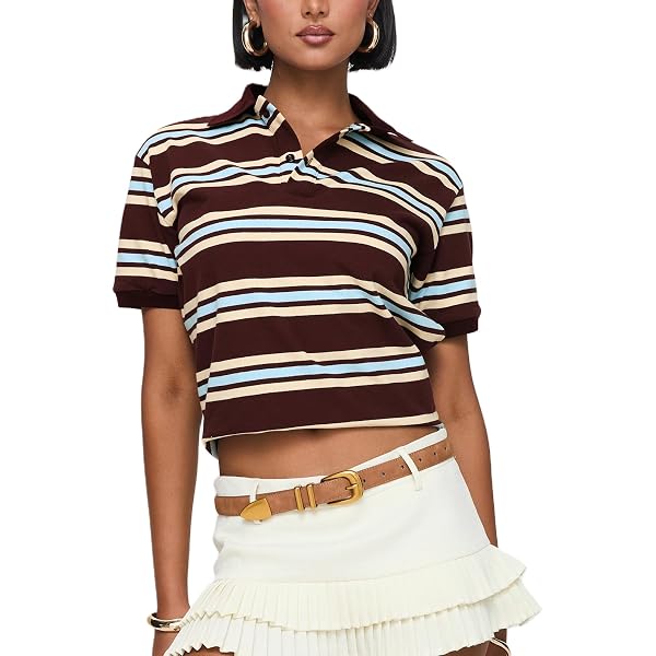 Women Striped Polo Tees Short Sleeve V Neck Button Tennis Shirts