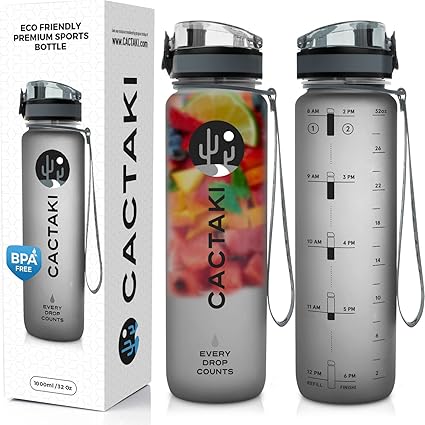 Cactaki Water Bottle with Time Marker, Large BPA Free Water Bottle, Non-Toxic, 1 Liter 32 Oz, for Fitness and Outdoor Enthusiasts, Leakproof, Durable