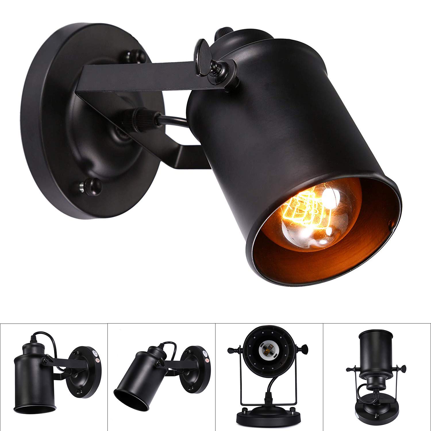VOMI Retro Wandleuchte – Schwarz/gold, Dimmbar, E27, 180° Drehbar, Mit 1.8m Kabel, 2 Stück