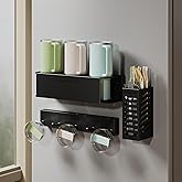 Evemlceol Magnetic Cup Holder for Fridge for 20/30/40 oz Stanley Tumblers Water Bottle Holders & Lid Hook Organizers with Straw Accessories Storage (3 Cups, 5 Hooks)