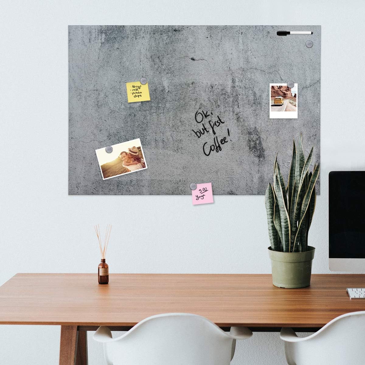 Navaris Magnetic Memo Board Whiteboard - 90 x 60 cm Dry Erase White Board with Design for Wall - Includes Marker and Magnets - Concrete - Image 3