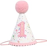 BOOMPA First Birthday Party Hat for Girls, White and Pink, Glitter Number 1 Design with Pom Pom