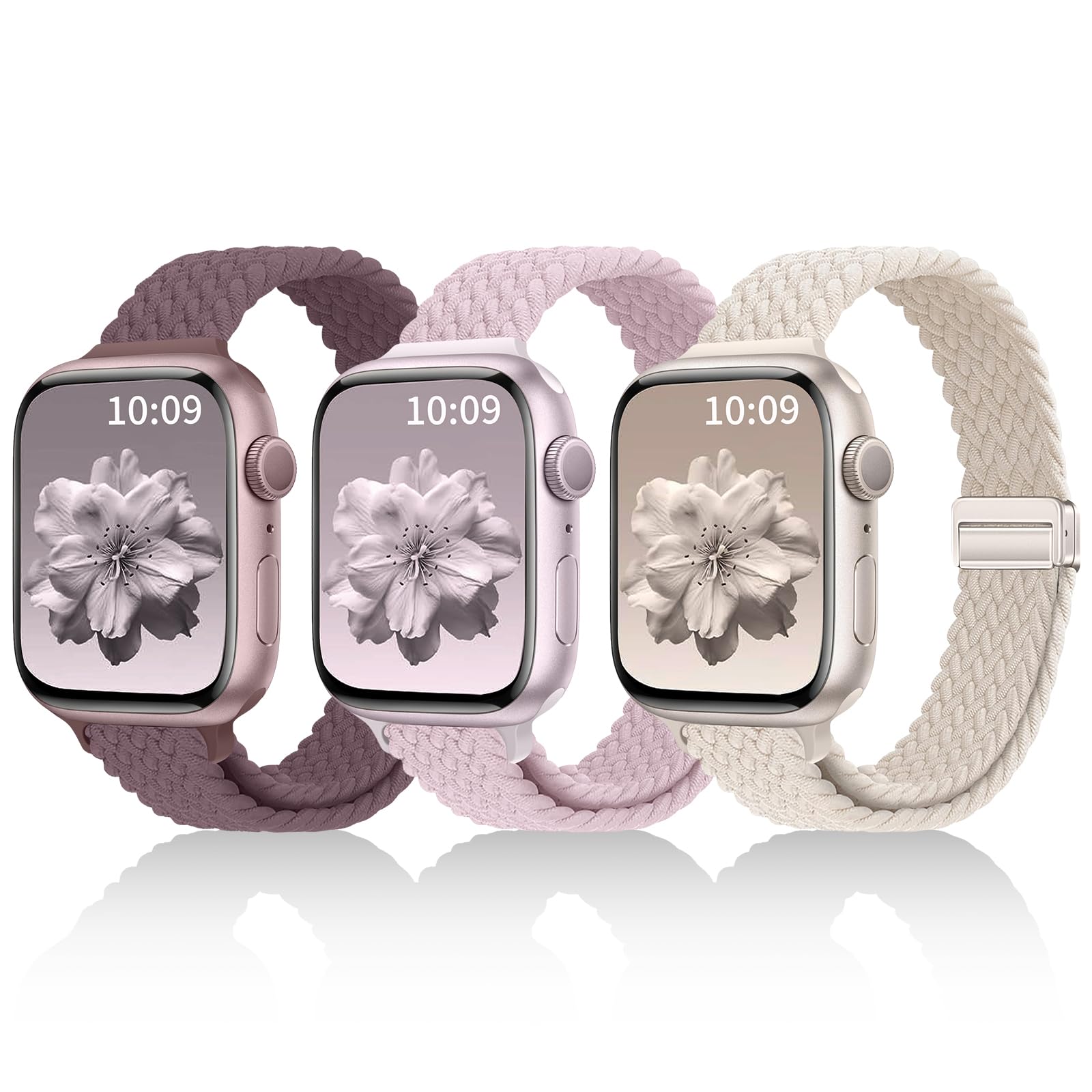 Photo 1 of 3 Pack Slim Braided Stretchy Bands Compatible with Apple Watch Band 38mm 40mm 41mm 42mm 44mm 45mm 46mm 49mm Women Men, Thin Nylon Magnetic Strap Bands for iWatch Series 10/9/8/7/6/5/4/3/2/1/SE Ultra