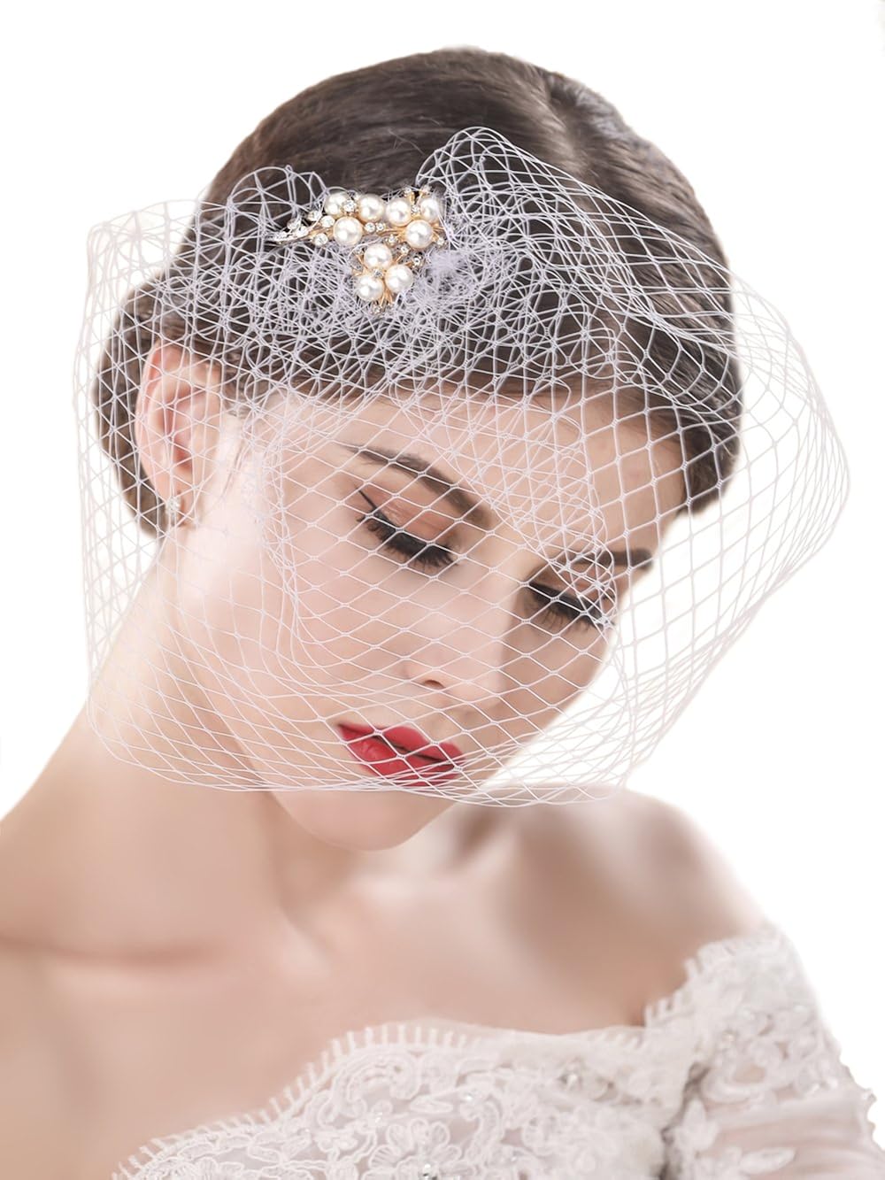 Yean Bride Wedding Veil White Flower Pearl Bridal Birdcage With