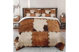 WeCozy Duvet Cover Set Queen Size, Vintage Retro Patchwork Bedding Set with Zipper Closure for Kids and Adults, Rustic Brown Cow Duvet Cover with 2 Pillowcases for Bedroom Bed Decor