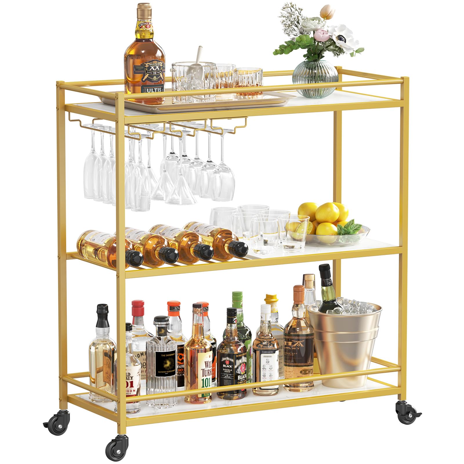 Photo 1 of (used)(damaged)(sold for parts) Lifewit Bar Cart Gold, 3 Tier Wine Rolling Cart with Lockable Wheels, 12 Glass Holders and 4 Wine Rack, Home Serving Drink Liquor Cart 