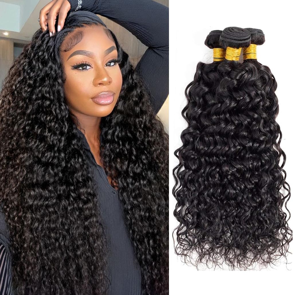 Datanala Water Wave Human Hair 3 Bundles 10 12 14Inch Brazilian Virgin 12A 100% Unprocessed Wet and Wavy Human Hair Bundles Double Weft Human Hair Weave Natural Black Color for Black Women — image 1