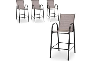 HOMREST Outdoor Bar Height Stools Set of 4,High Back Patio Chairs with Armrests,Textilene Chairs with Breathable Fabric & Metal Frame for All Weather,Taupe