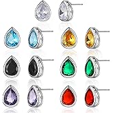 POWNOOL 7 Pairs Teardrop Stud Earrings Set-Lightweight Bohemian Glitter Pierced Earrings-Multicolored Cubic Zirconia Hypoallergenic Studs Earrings for Women