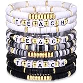 NLCAC 9 Pack Heishi Teacher Bracelets Stackable Rainbow Heishi Teach Beaded Stretchy Bracelet Preppy Jewelry Back to School T
