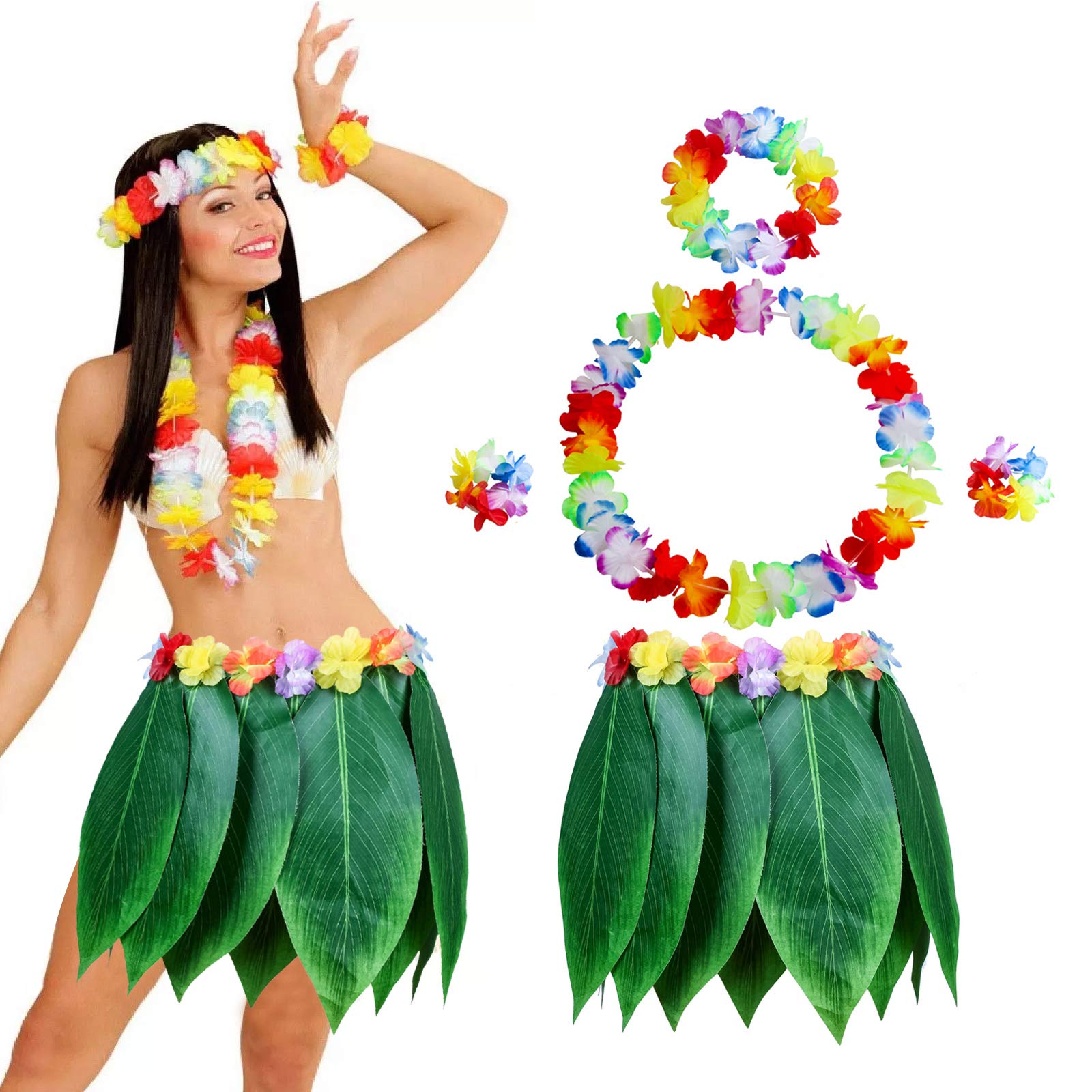 Hileyu Hawaiian Fancy Dress Leaf Skirt Kit for Hawaii Luau Party, Adult Women and Men with Artificial Hibiscus Flowers Costume Beach Hawaiian Luau Tiki Party