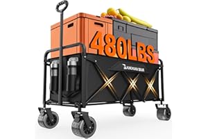 KACHUAN BEAR 300L Large Collapsible Wagons Carts with Big All-Terrain Beach Wheels, Foldable Shopping Wagon Cart, Heavy Duty 480lbs Load, Folding Utility Cart for Groceries Garden Sport (Black)