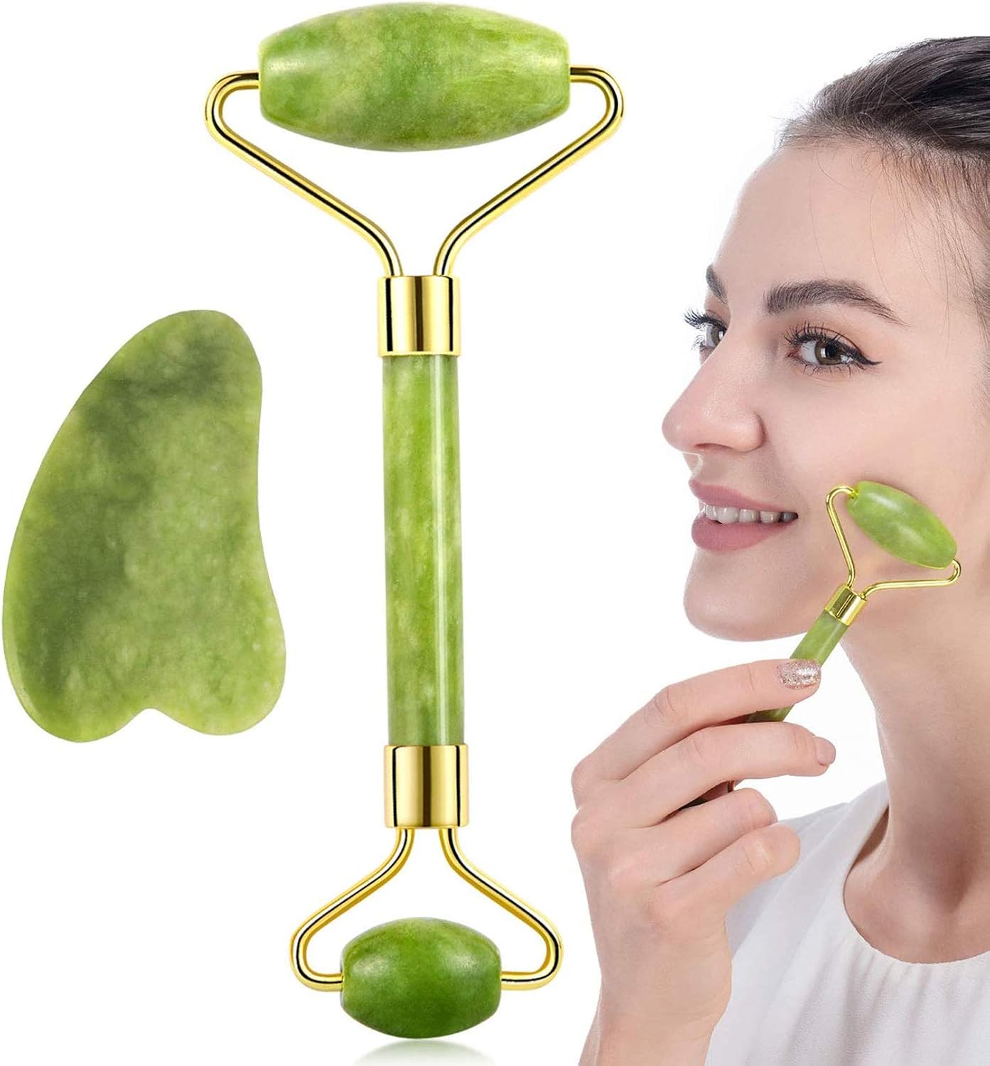 Jade Roller Gesichtsmassagegerät - Doppelkopf, Reduziert Schwellungen & Falten, Kühlend, Für Gesicht & Nacken