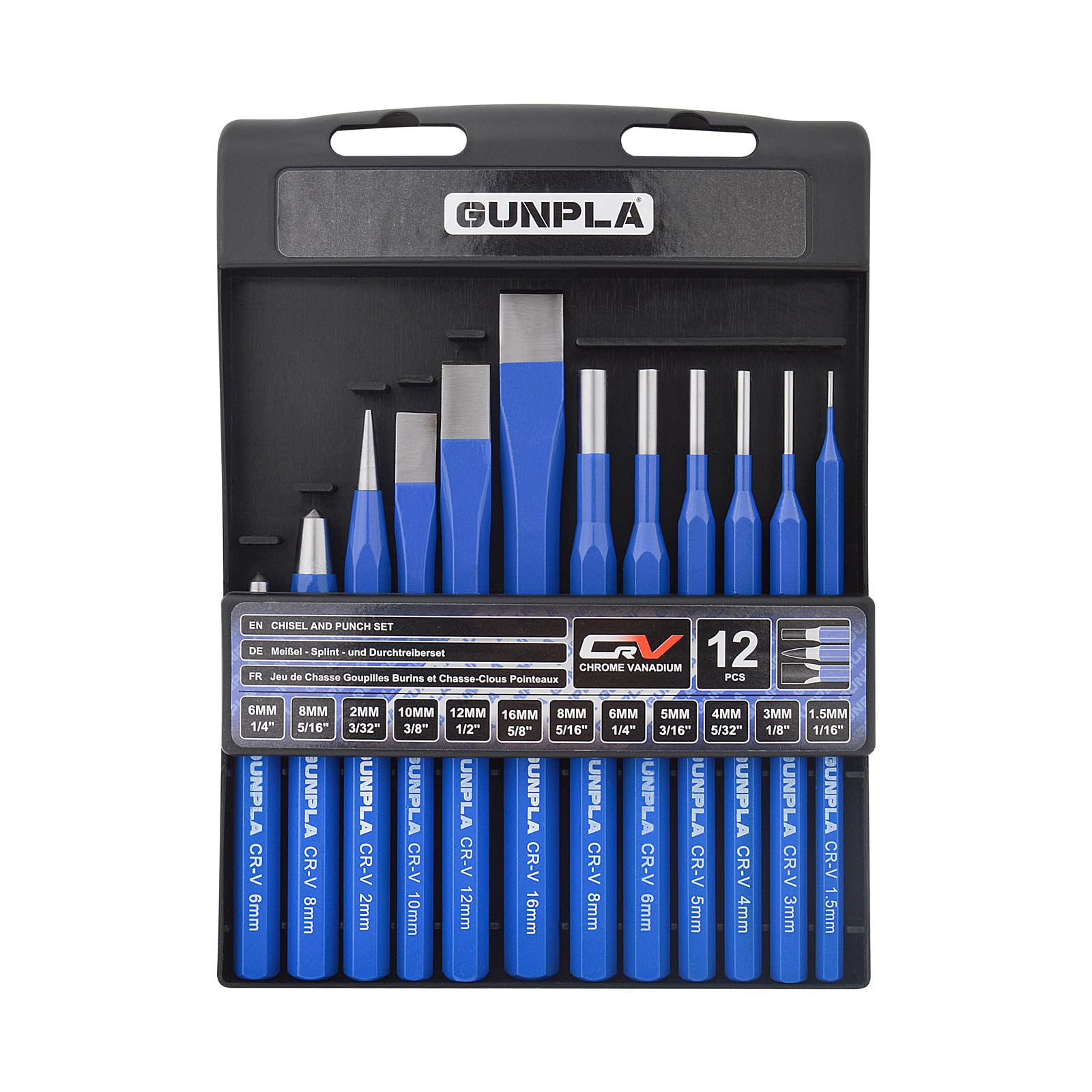 Gunpla 12pcs Chrome Vanadium Steel Chisels and Punches Set, Bevel Edge, Metal Handle, 1.5-16mm, Center Punch, Flat Chisel, Pin Punch