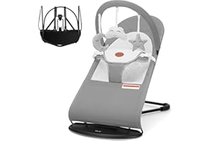 HKAI Baby Bouncer, Portable Baby Bouncer Seat for Babies 0-18 Months, 100% Cotton Fabrics, 3 Modes of use with Rocker and Stationary Options, Infant Rocker Chair with Hanging Toys-Light Grey