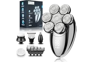 RUIBO Head Shaver for Bald Men, 7D Electric Rechargeable Wet/Dry Shaving Razor with LED Display, 5-in-1 Grooming Kit Waterproof Bald Head Trimmer, Ideal Gift for Men (Silver)