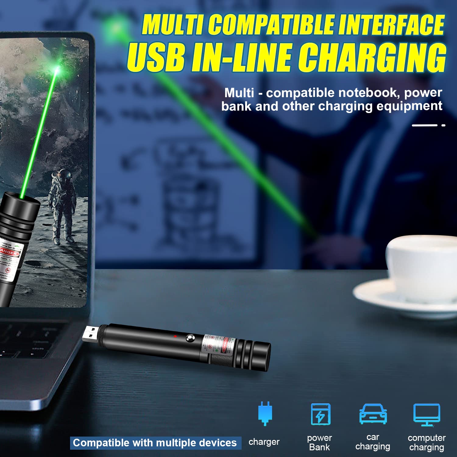 Long Range Laser Pointer 10000 Feet Visible Beam,USB Rechargeable Green Laser Pointer High Power for Presentations