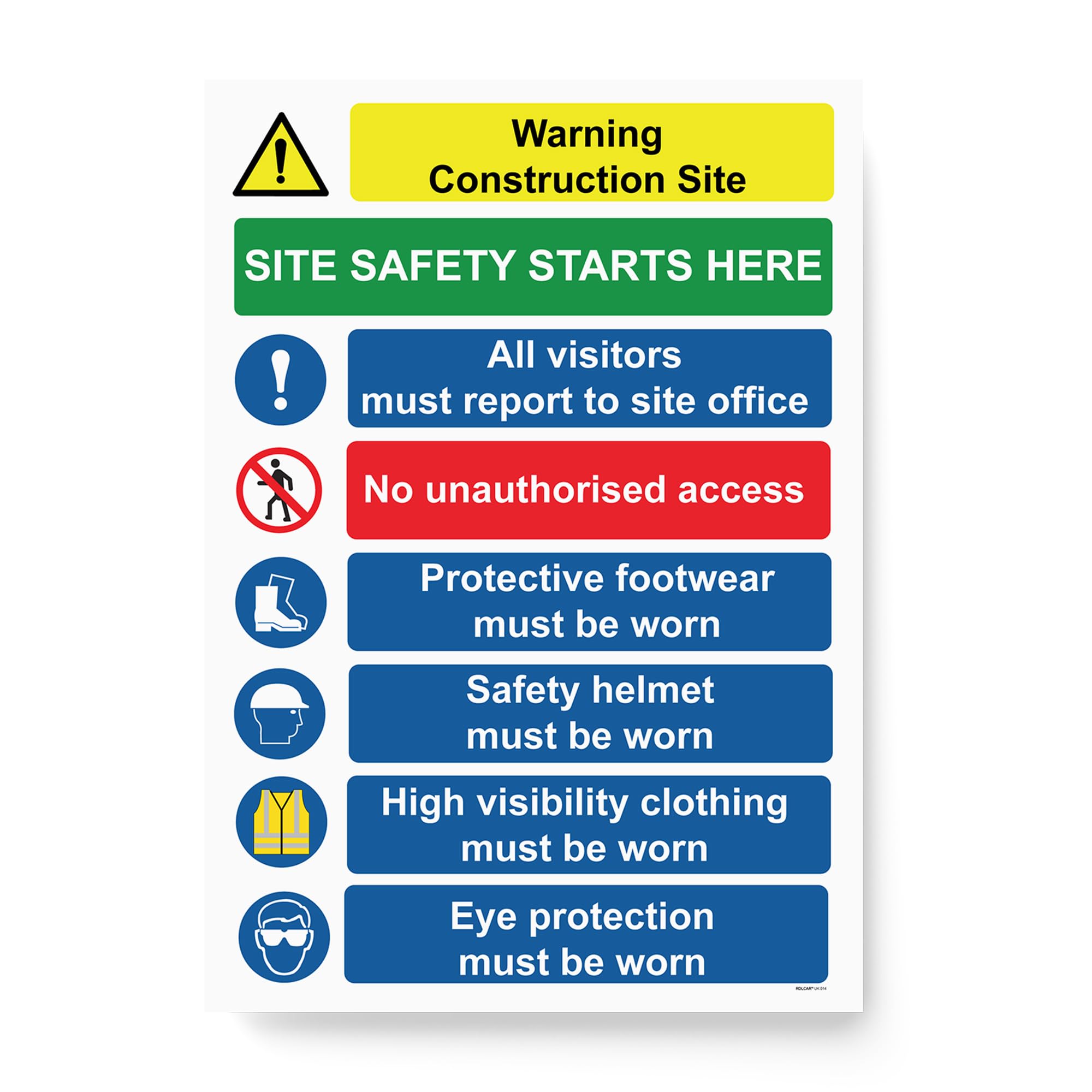 RDLCAR Multi Hazard Site Safety Warning Sign - Notice Board for Wall, Outdoor Use, Building Construction Sites Under Health and Regulations, 600mm x 800mm, 5mm Thick, Corrugated PVC (RDL UK 014)