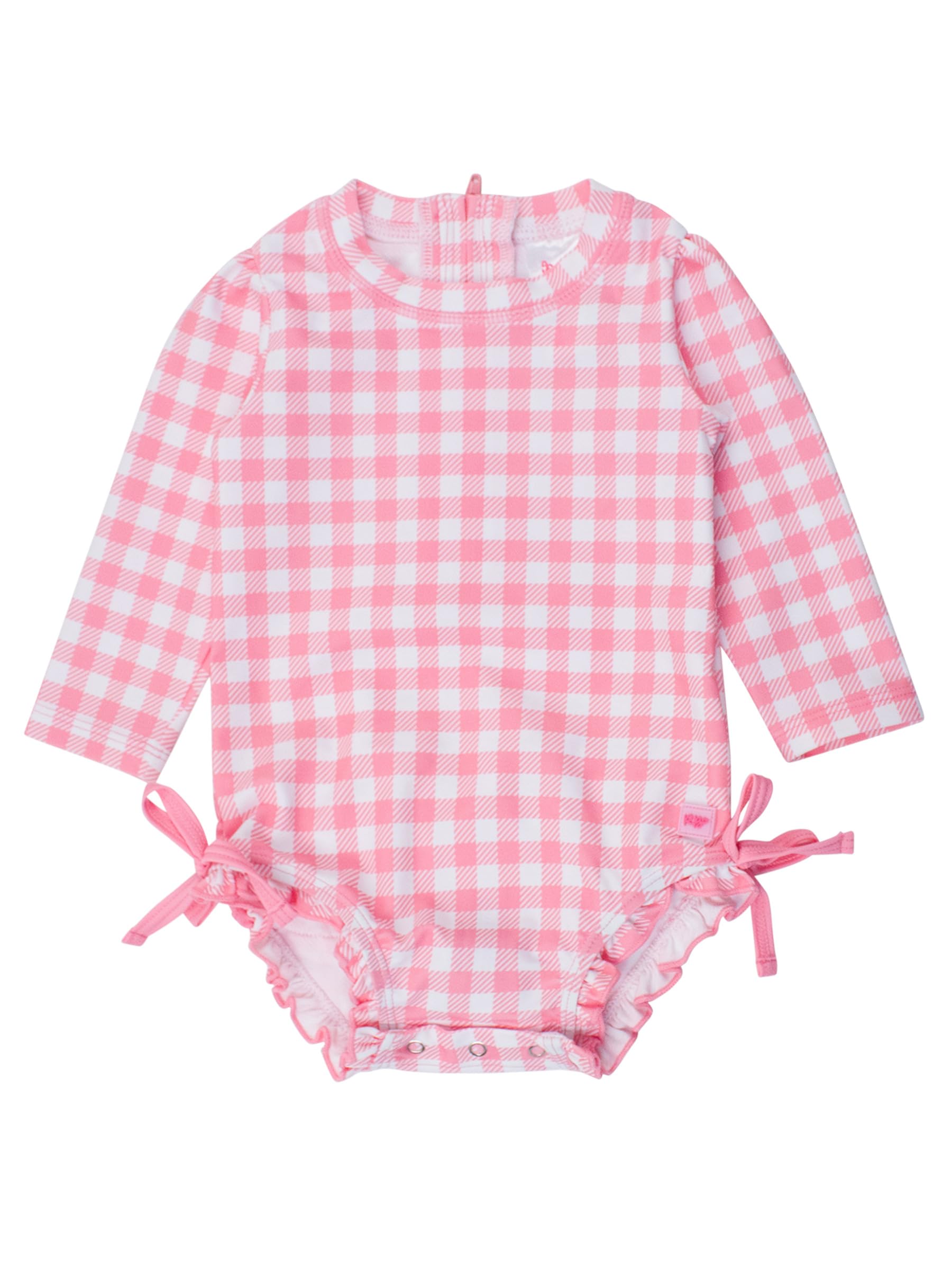 RuffleButts Baby Girls UPF 50+ Sun Protection Gingham Printed Long Sleeve One Piece Rash Guard Swimsuit with Zipper - Bubblegum Pink Gingham, 6-12m Image