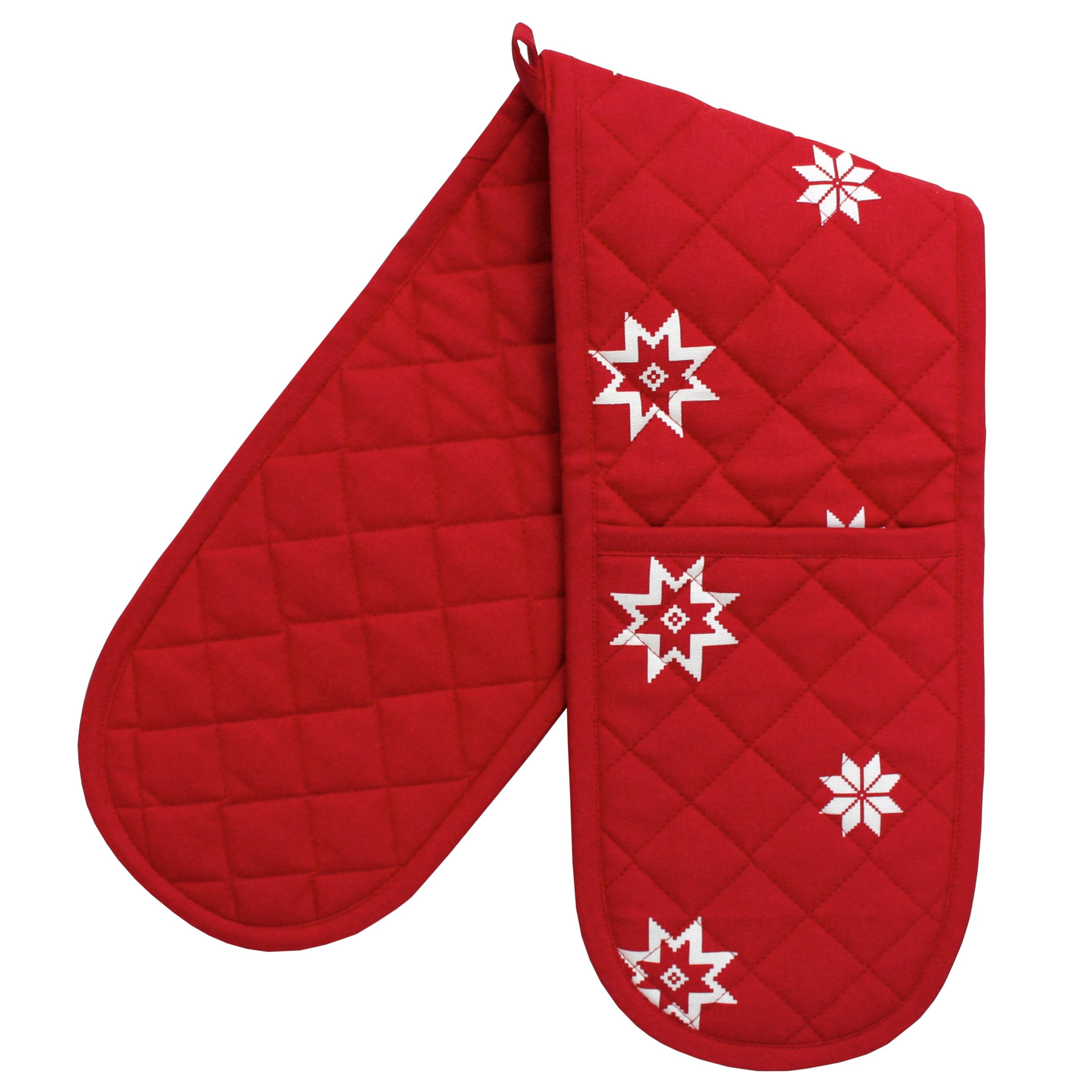 Double Oven Gloves - 84 cm x 18 cm x 1 cm, 1-Piece Oven Mitts for Cooking & Baking - Cotton, Machine Washable at 30° - Kitchen Essentials by Ragged Rose - (Red Christmas Star)