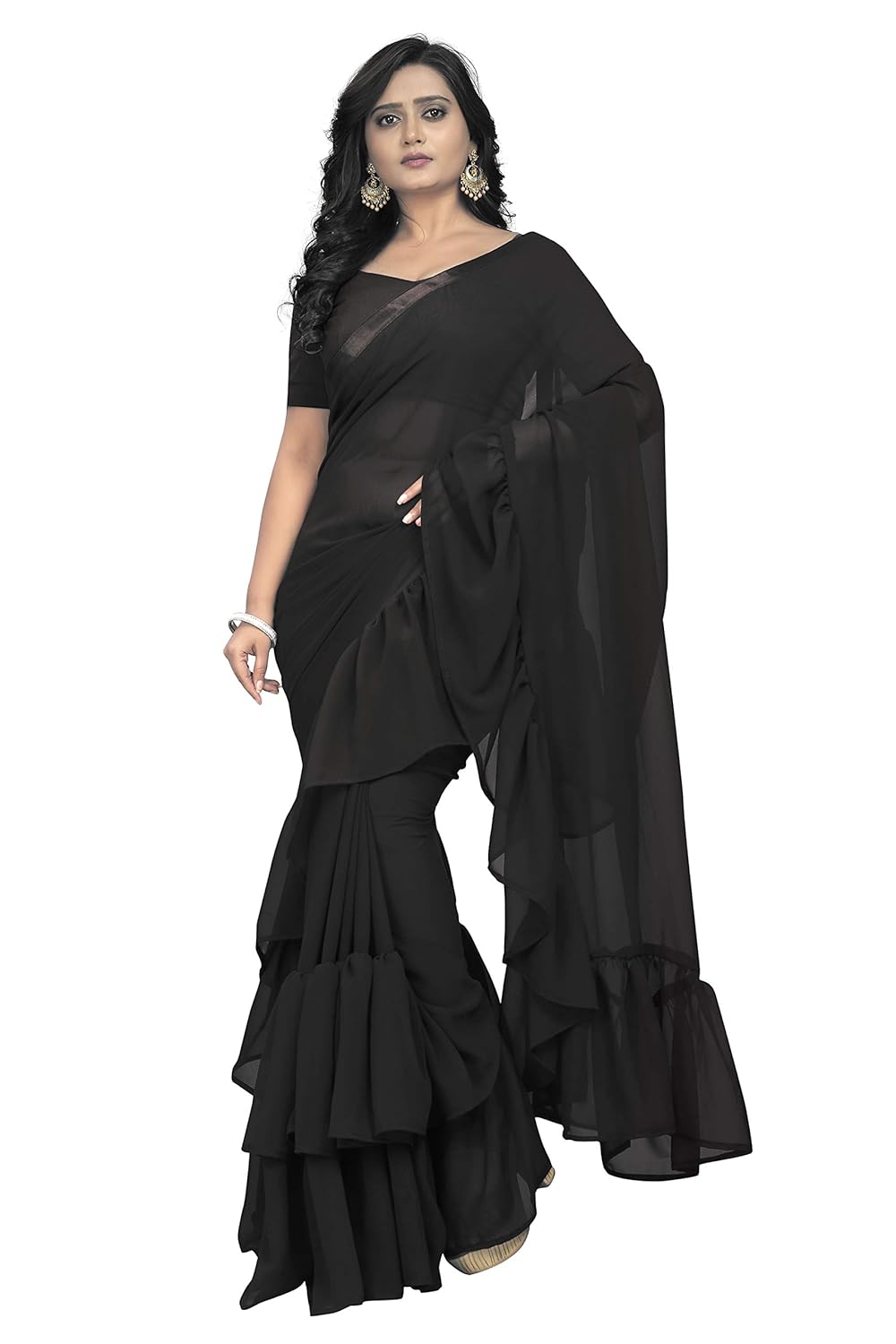 jaanvi fashion women's ruffle georgette saree (frill-saree-ruffle)