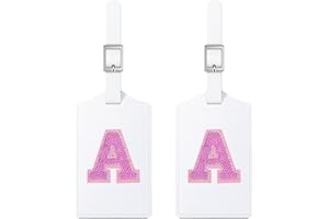 Sodsay 2 PCS Initial Luggage Tag, Luggage Tags for Suitcases Cute Sequin Letter PU Leather Travel Bag Baggage Tags Privacy Cover ID Label for Women Kids Teens Men(A, White Leather+Hot Pink Letter)