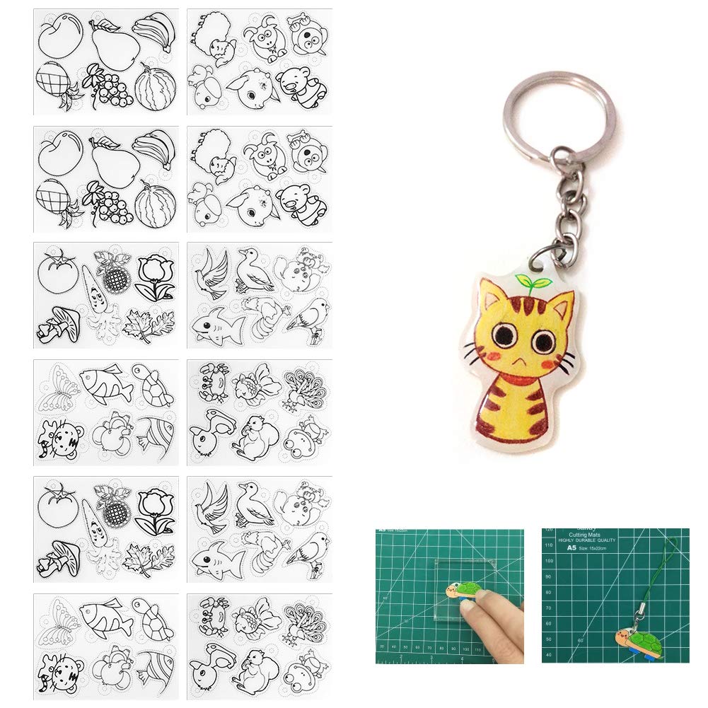 Cikonielf 12Pcs Heat Shrink Sheets Translucent Creative Pack Shrinky Art Paper Shrinkable DIY Hand Made Craft Tool fruit animal pattern