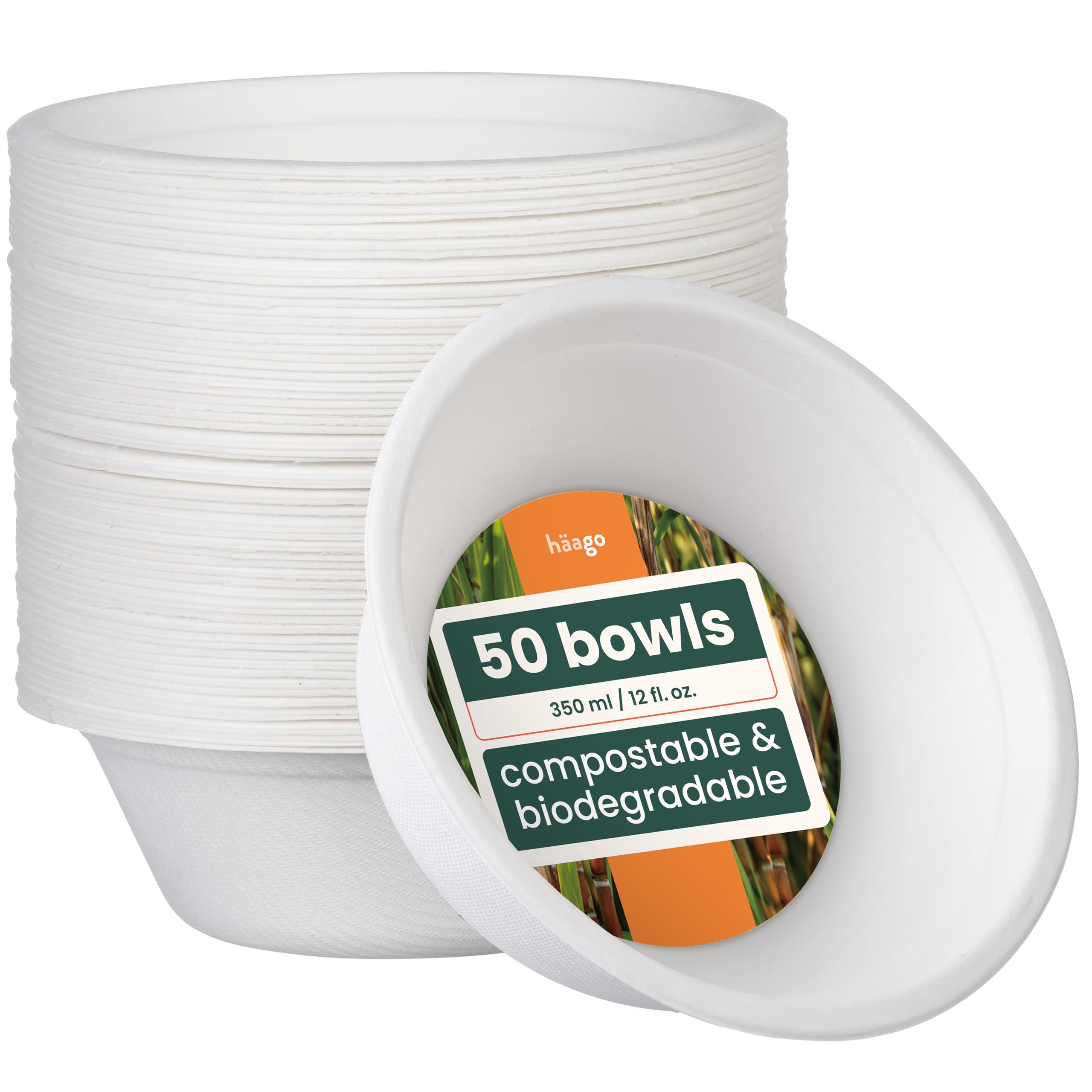 HAAGO 50 Strong Biodegradable Sugarcane Bagasse Bowls, 350 ml / 12oz – Heavy Duty Paper Bowls - Leak- & Grease-Resistant - Compostable Disposable for Soup, Curry, Cereal, Dessert, Parties & Catering