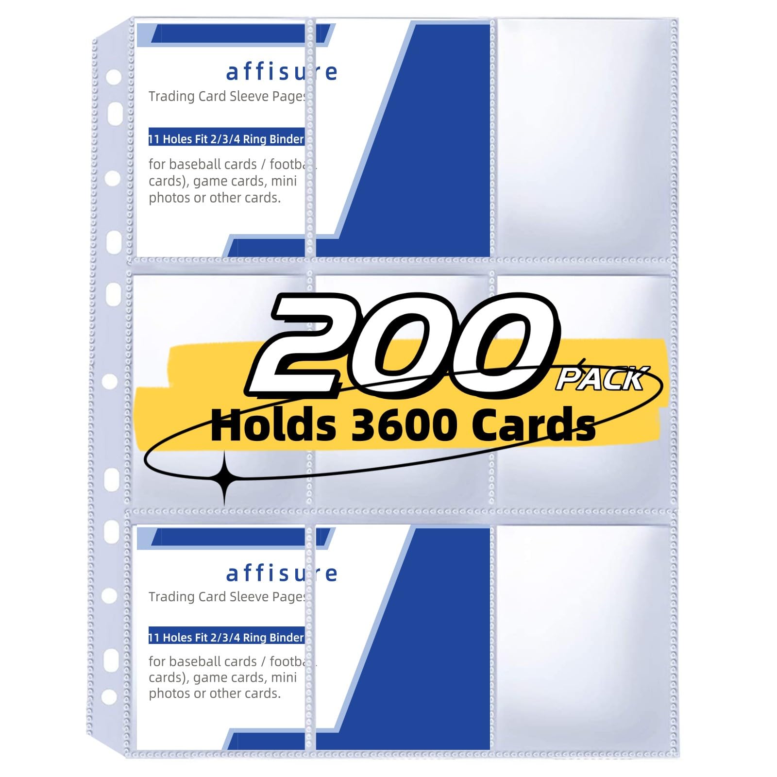 Photo 1 of 200 Pack 9 Pocket Trading Card Binder Pages, Holds 3600 Cards, Thickened Binder Sleeves, 3 Ring 9 Pocket Sheets for Sports Cards, Coupons Cards