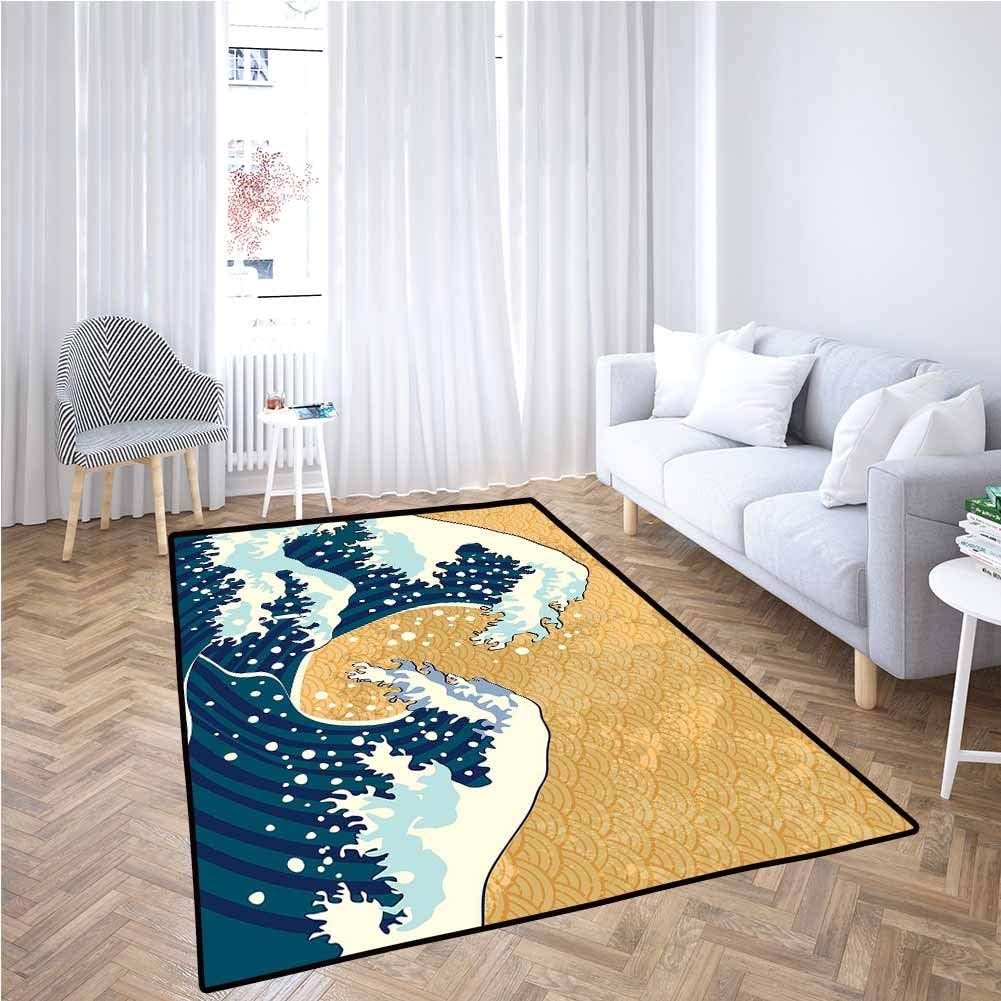 Japanese Wave Decorative Rug Sea Storm in Japan Traditional Drawing