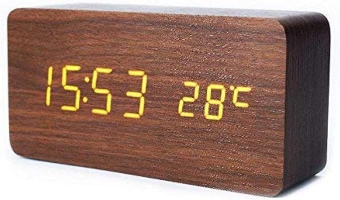 Madera Reloj despertador digital con pilas de alarma silenciosa LED