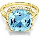 Gem Stone King 5-8 Cttw 10K Yellow Gold Gemstone Birthstone and White Created Sapphire Ring For Women | Cushion 12MM | Wedding Anniversary Promise Ring For Women | Available In Size 5, 6, 7, 8, 9