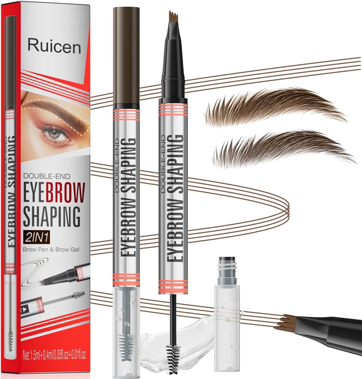 Eyebrow Pencil with Eyebrow Gel, Ruicen 2-in-1 Microblading Eyebrow Pen and Brow Gel with 4 Fork Tip, Real-Looking-Fill Define and Shape Brows, 24H Wear, Waterproof & Smudge-proof, Dark Brown