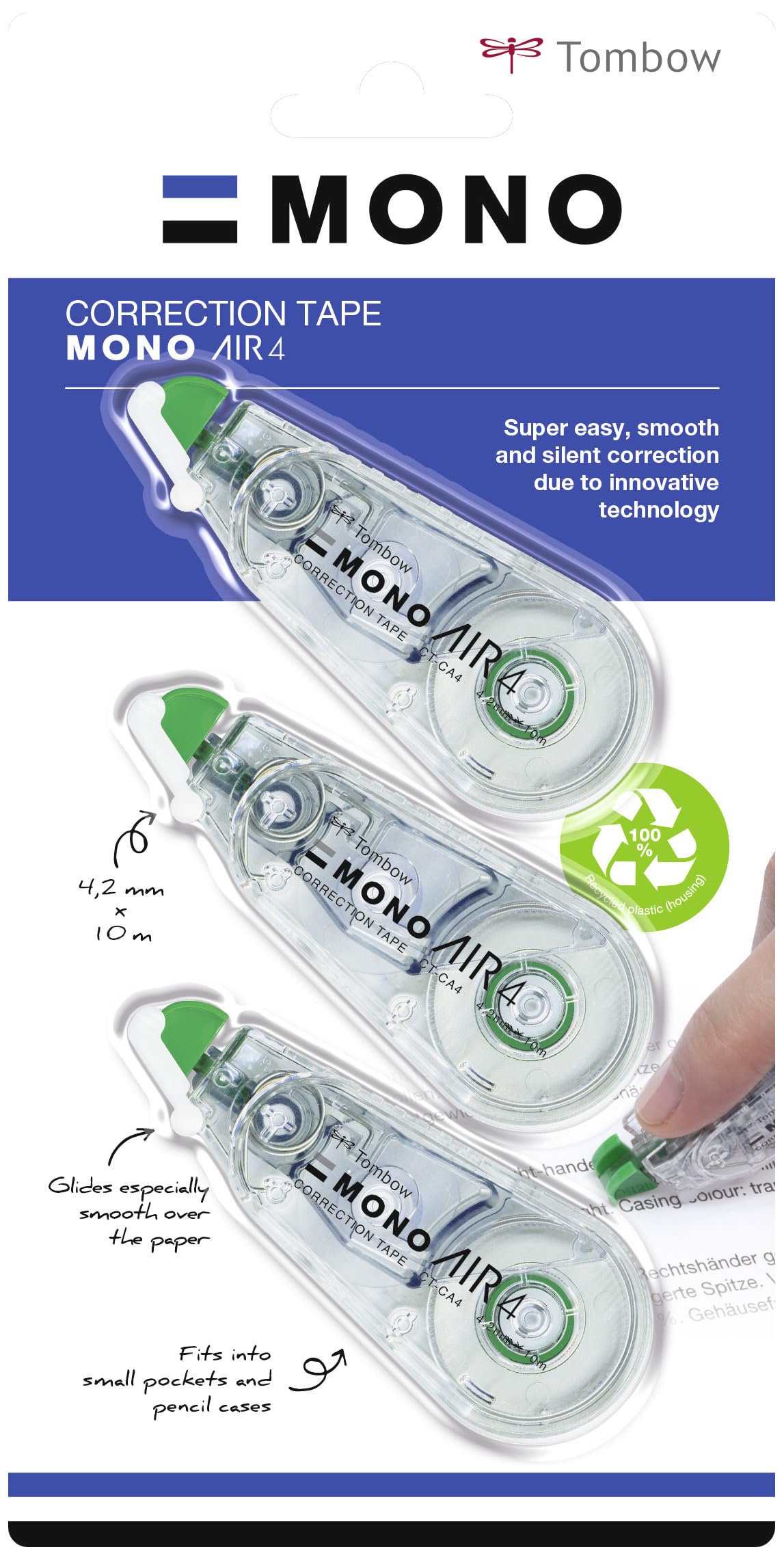 Tombow Mono air4 Correction Rollers, Set of 3, 4.2 mm x 10 m, for Right- and Left-Handed Users, housing Made from 100% Recycled Plastic, Extra Quiet [CT-CA4-3P]