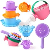 Fajiabao Toddler Bath Toys for Kids Ages 1-3 Stack, Scoop &amp; Pour Set 5PCS | Drain Quickly Nest for Easy Storage &amp; Stuffers with 3 Animal Stacking Cups, Watering Can &amp; Scoop That Floating Tub Water Play