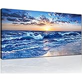 Sea Waves Canvas Prints Wall Art Ocean Beach Sunset Picture Paintings for Living Room Bedroom Home Decorations Modern Stretched and Framed Seascape Nature Blue Giclee Artwork