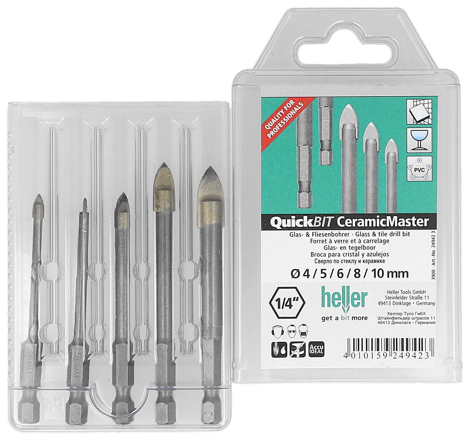 Heller Tools 3900 Glass & Tile Drill Bits, 1 V, Silver, Set 5 pcs. Ø 4/5/6/8/10