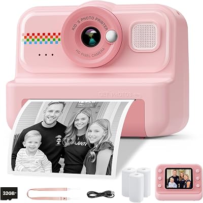 HiMont Kids Camera Instant Print 1080P 32GB 3 Rolls Paper Pink