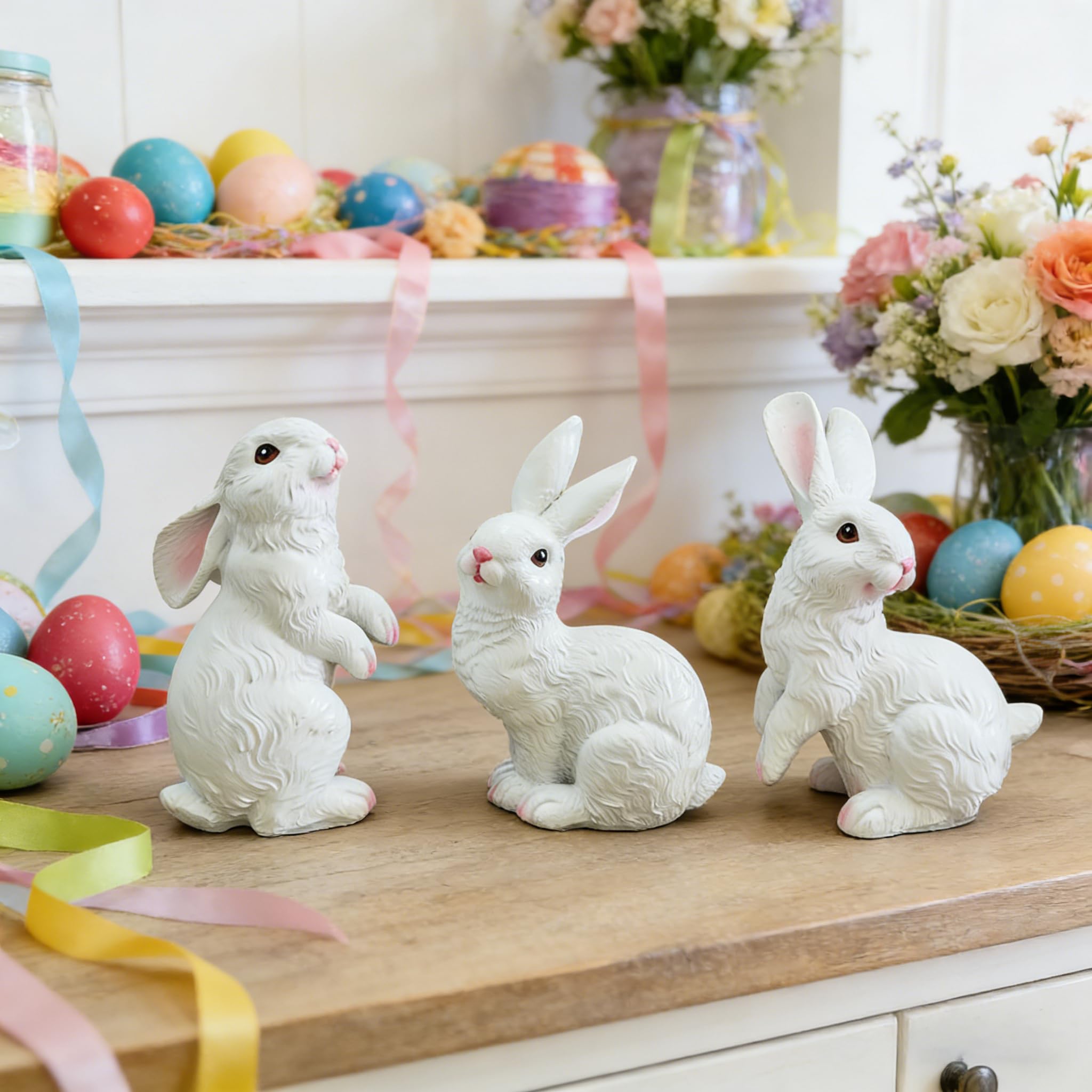 Photo 1 of EARS BROKEN OFF******DearSun 3 Packs 6.5''H Easter Bunny Figurines Rabbit Statues with Different Lifelike Shapes - Adorable White Resin Bunny Tabletop Décor