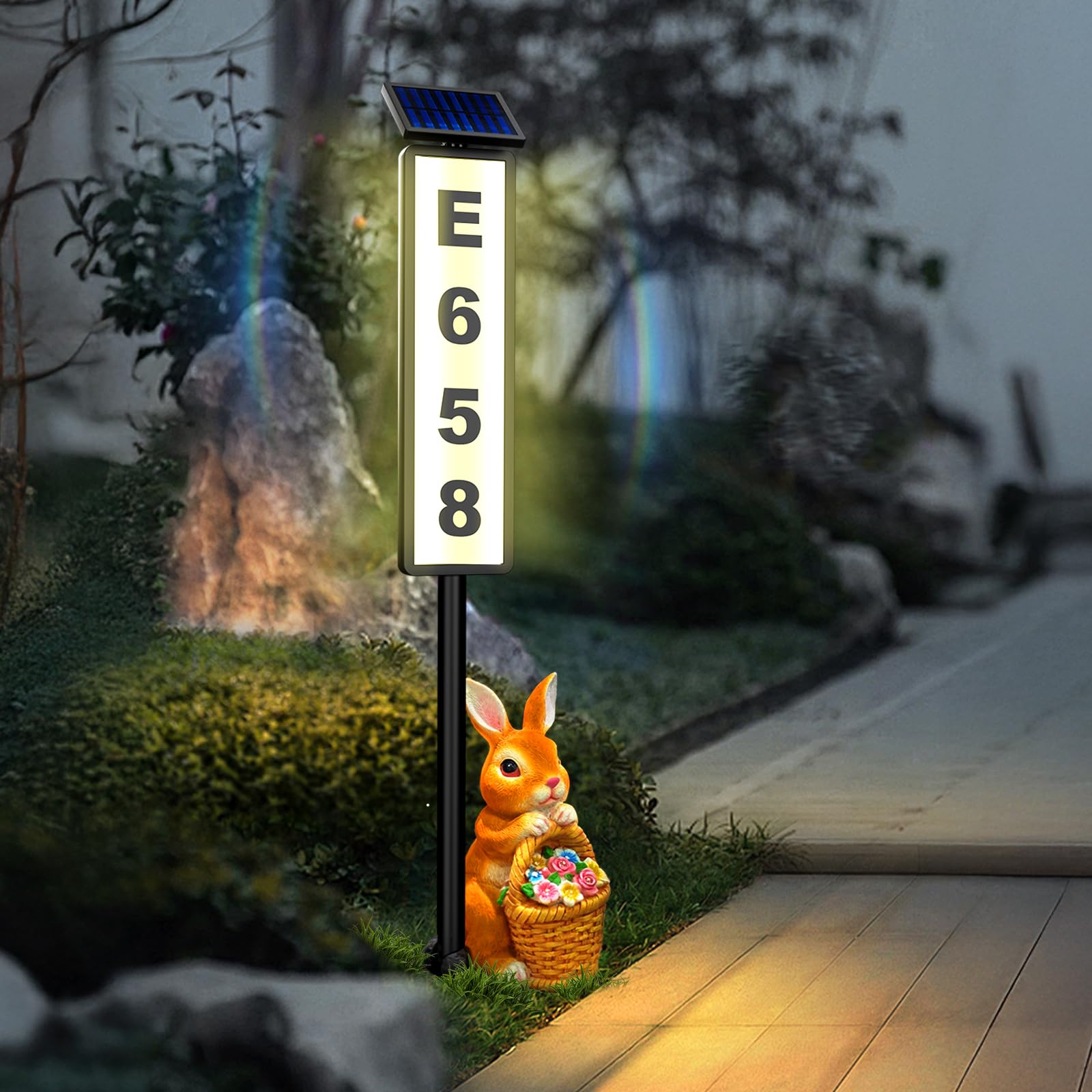 Photo 1 of Solar Address Sign, Garden Rabbit Statues for Outside, with Succulent and 5 LED Lights, LED Solar Address Sign, Waterproof Illuminated House Numbers, Outdoor Lighted Plaque for Yard Home Garden Easter Decor