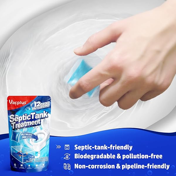 VACPLUS SEPTIC TANK TREATMENT 12 PCS FOR 1-YEAR SUPPLY, DISSOLVABLE PACKS WITH EASY OPERATION, DURABLE BIODEGRADABLE ENZYMES FOR WASTES, GREASES & ODORS, BLUE, 2X EFFICIENCY