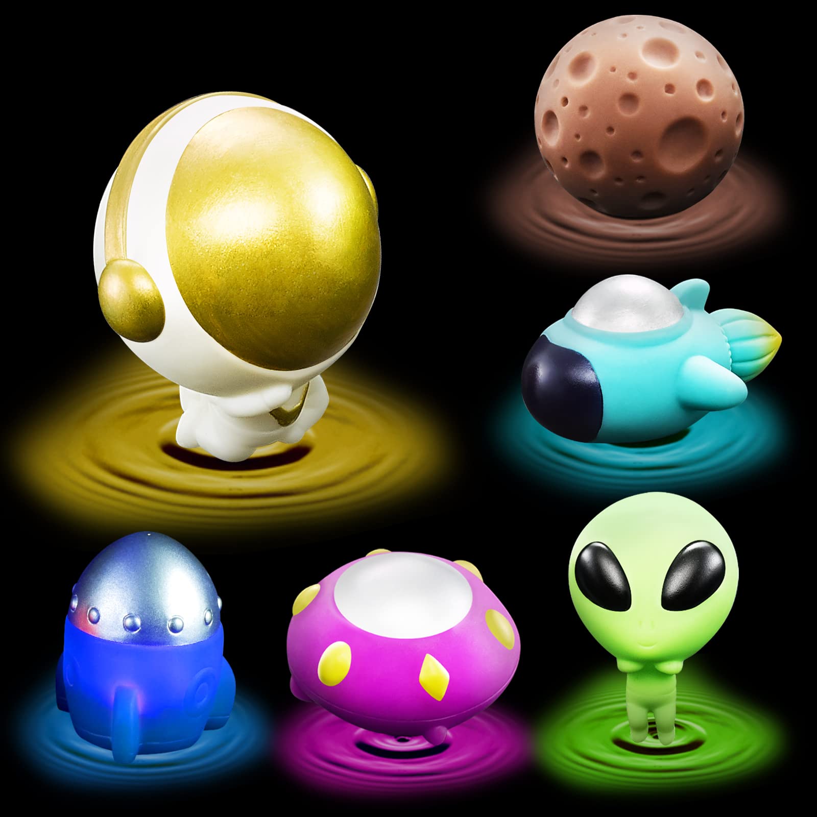 Bath Toys Light Up Floating Space Bath Tub Toy Set 6pcs Glowing Bath Toy Universe Theme Toy with Astronaut Rocket Ship Alien UFO Planet Model Educational Preschool Shower Pool Toys Gift for Kids