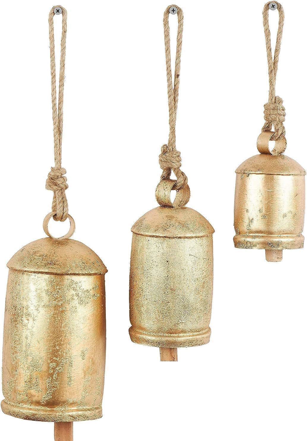 Metal Tibetan Inspired Meditation Decorative Cow Bell with Jute Hanging Rope, Set of 3 10",8",6"H, Christmas Bell