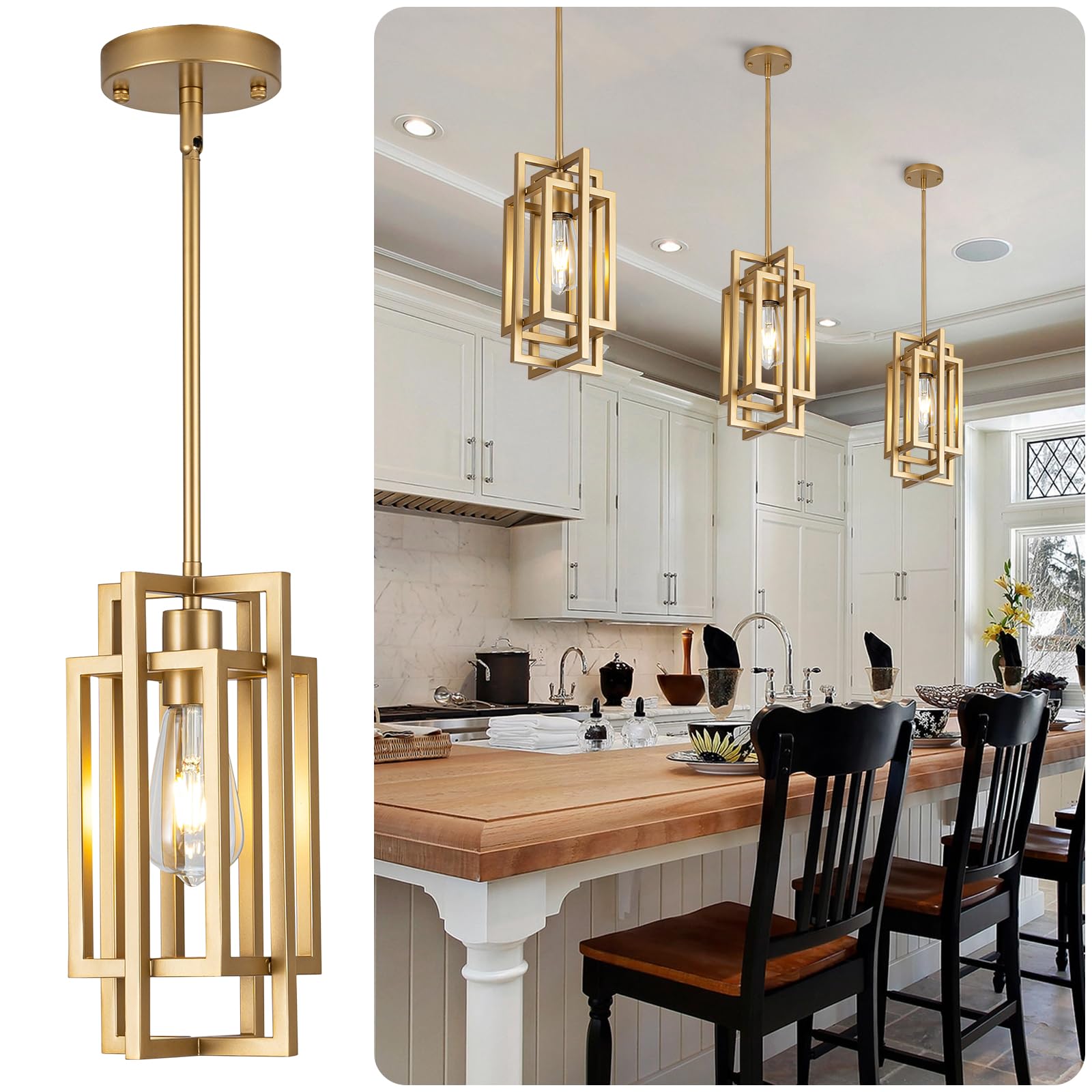 Photo 1 of ***ONLY / UNKNOWN MISSING PIECES *** BNHFYOXK Farmhouse Pendant Light Fixtures, Gold Modern Pendant Lights 59'' Adjustable Small Square Pendant Ceiling Hanging Light for Kitchen Island Dining Room Entryway