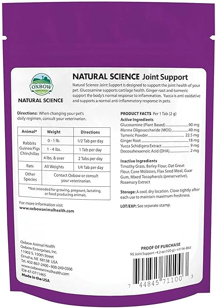 OXBOW NATURAL SCIENCE JOINT SUPPORT, ANTI INFLAMMATORY SUPPLEMENT FOR RABBIT & GUINEA PIG, OXBOW TIMOTHY HAY, MADE WITH GLUCOSAMINE, TURMERIC, & YUCCA, MADE IN USA, 4.2 OZ BAG