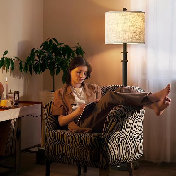FLOOR LAMPS FOR LIVING ROOM – 60″ RESIN FARMHOUSE FLOOR LAMP WITH ADJUSTABLE COLOR TEMPERATURES – VINTAGE STANDING LAMP READING LIGHT WITH LINEN SHADE RETRO TALL LAMP FOR BEDROOM OFFICE, BLACK