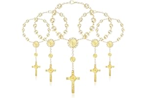 LEMESO 20 Pcs Baptism Favors Gold Plated Mini Rosary, Ivory Color Faux Pearls Cross & Jesus Pattern Bracelet, Great for Chris