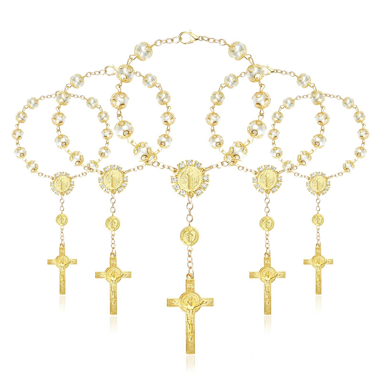 Photo 1 of (PARTIAL SET) (BAGGED) LEMESO 20 Pcs Baptism Favors Gold Plated Mini Rosary, Ivory Color Faux Pearls Cross & Jesus Pattern Bracelet, Great for Christening/Baby Shower Party/Wedding/Bautizo Recuerdos Gift